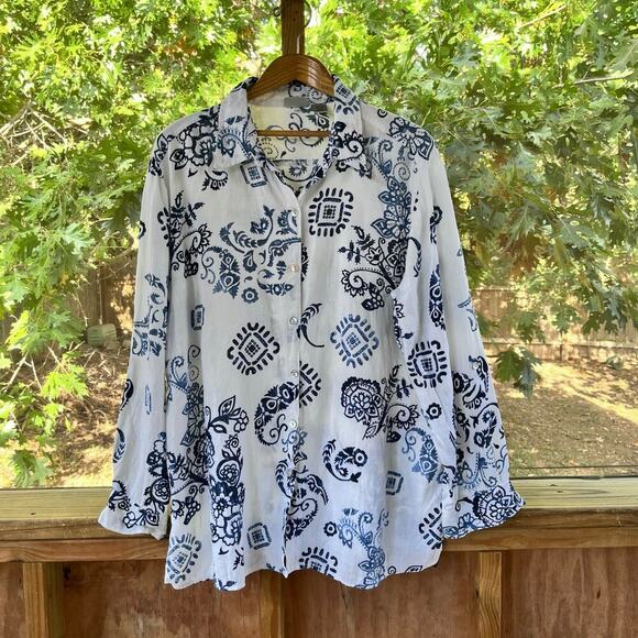 Chico's Women's White And Blue 100% Linen Paisley Print Top Size 3 (XL) - Picture 1 of 9
